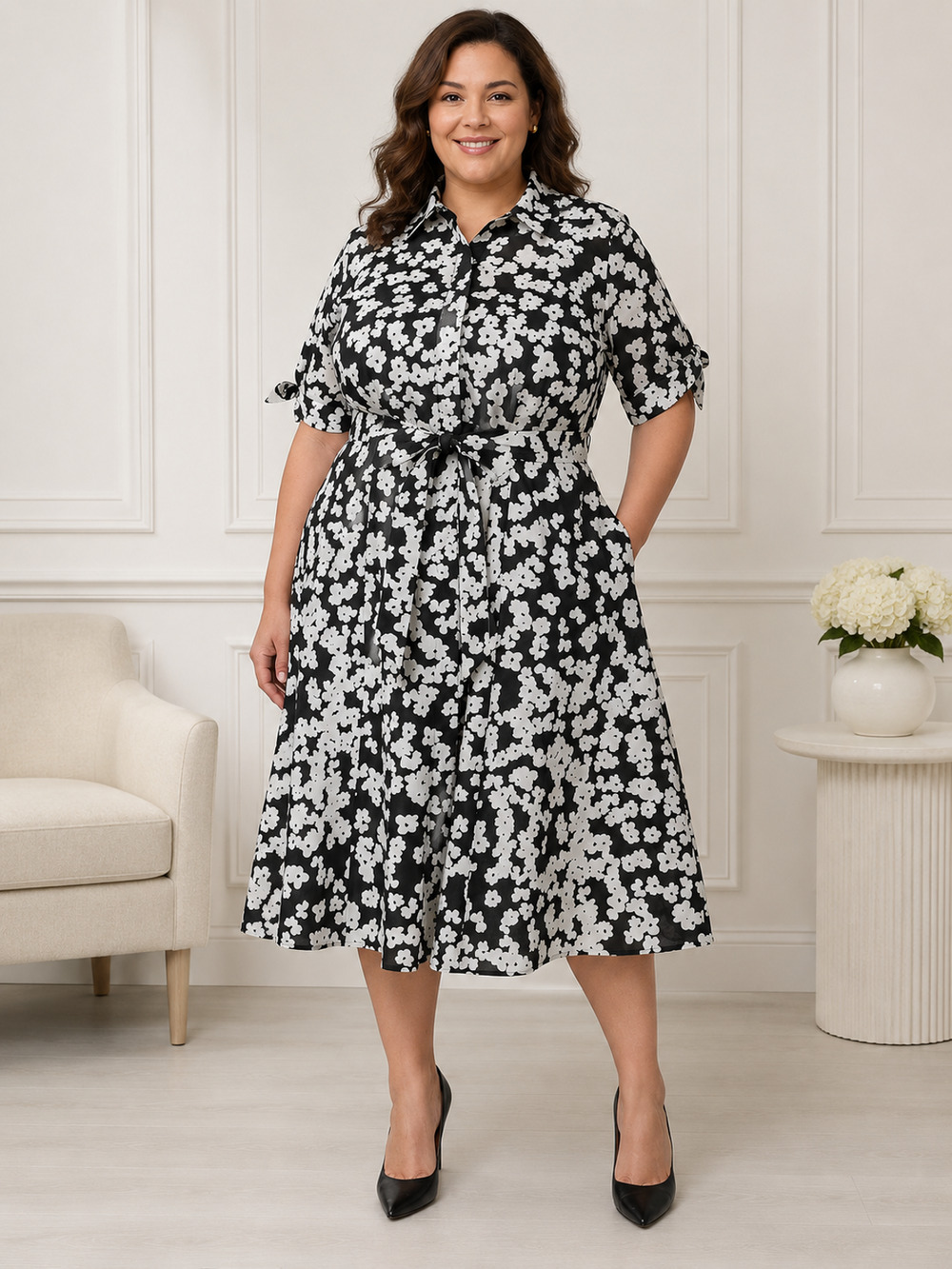Calvin Klein Womens Size 16W Black White Floral Belted Midi Shirt Dress Cotton